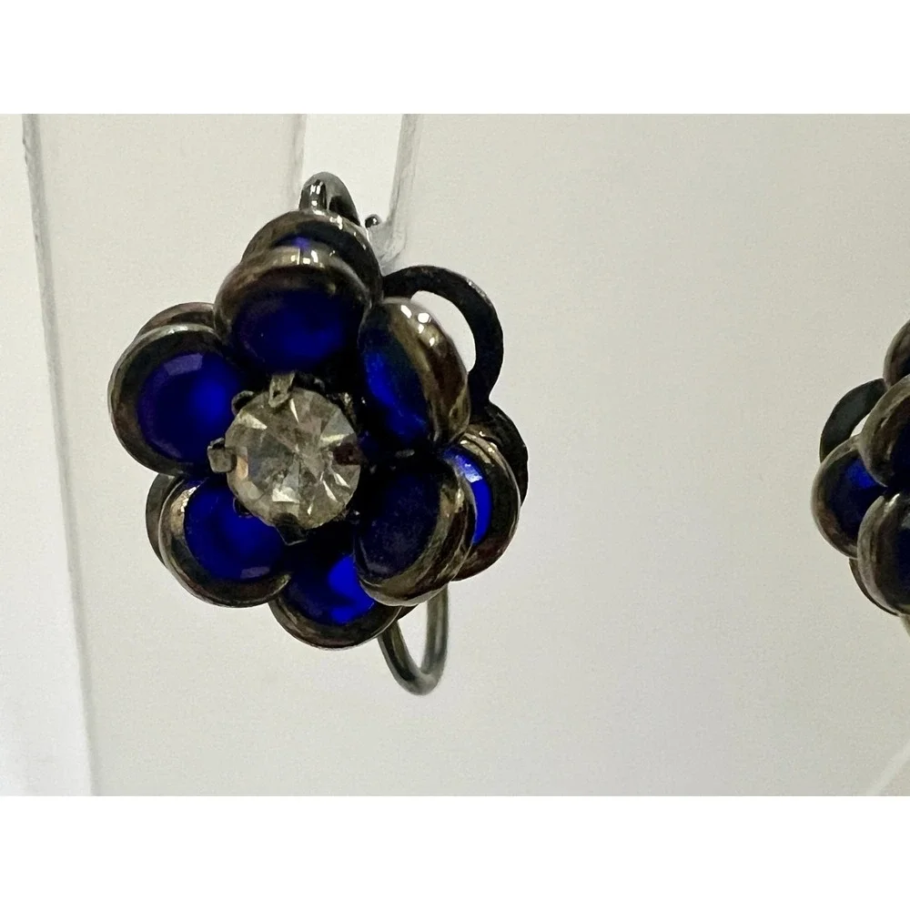 Vintage Cobalt Blue Glass‎ Floral Clip On Earrings Art Deco Rhinestone Flower